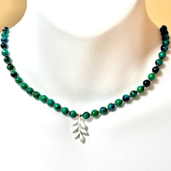 Teal Chrysocolla Short Necklace, Genuine Gemstone & Silver Leaf Branch Pendant - Picture 2 of 13